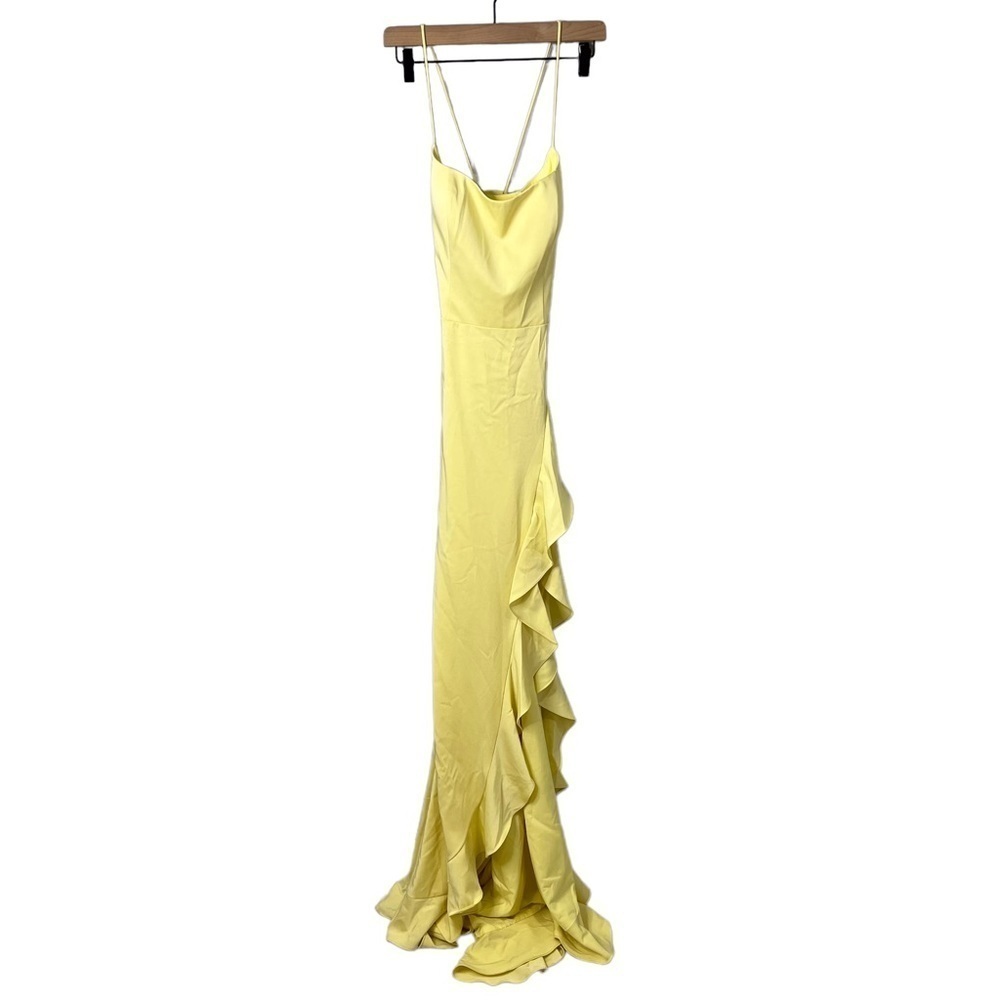 La Femme Flutter Slit Trumpet Gown Pale Yellow Size 12 Open Tie Back Prom - Picture 2 of 8